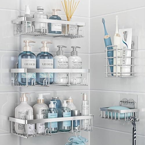 Liuoud 5 Pack Shower Caddy Organizer Rack Shelf for Inside Shower, Self Adhesive Bathroom Wall Storage Basket Rustproof Stainless Steel Large Capacity Shampoo Holder, Silver - Image 1
