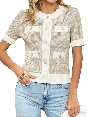Langwyqu Womens Short Sleeve Button Down Cardigans Sweater Cropped Lightweight Crew Neck Elegant Tops - Image 1