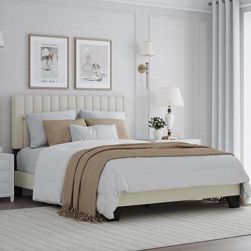 ZZBINUS Full Bed Frame, Velvet Upholstered Platform Bed Frame with Adjustable Headboard, Vertical Quilted Design, Sturdy Slatted Mattress Base, Easy to Assemble, White thumbnail 8