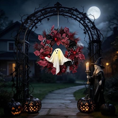 HipTree 20 Inch Lighted Ghost Halloween Wreath for Front Door | Spooky Ghost Wreath With Red Black Roses & Berries. Warm LED Light For Indoor Outdoor Porch, Window & Haunted House Decor thumbnail 7