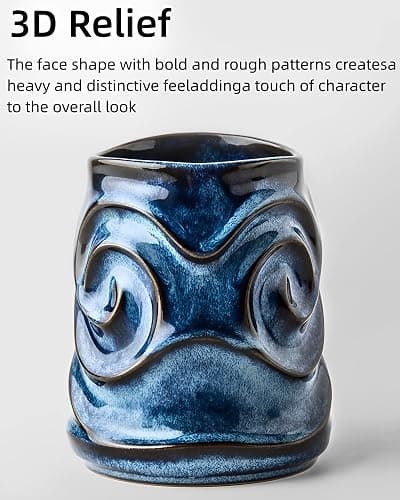 17oz Embossed Face Shape Large-Capacity Ceramic Coffee Mug - Unique Handmade Tea Cup for Office and Home - Microwave and Dishwasher Safe (Blue) thumbnail 4