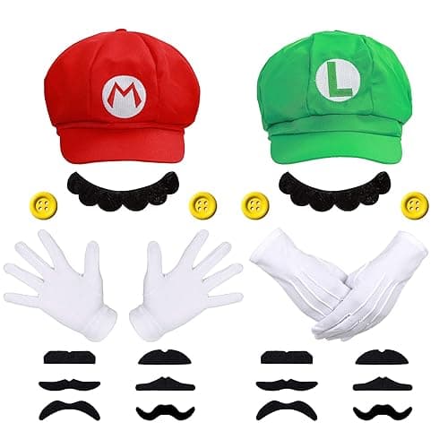 Humairc Super Bros Hats Accessories Set Mary Luigy Caps, Mustaches, Suspenders, Gloves Buttons Halloween Cosplay Costume