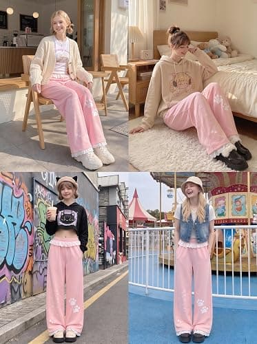 Women Kawaii Cat Paw Wide Leg Sweatpants Lace Trim Coquette Y2K Loungewear thumbnail 7