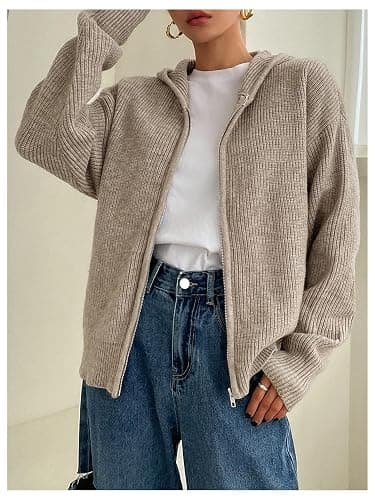 SOLY HUX Zip Up Cardigan for Women Hooded Cardigan Sweater Knitted Drop Shoulder Fall Clothes Winter Hoodies Outerwear thumbnail 5