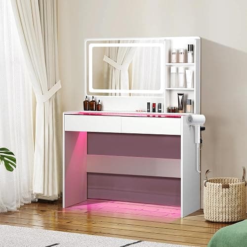 Cielozen Vanity Desk，Transparent Desktop, Multiple Color Ambient Lights, with Mirror and Tri Color Light Strip, Dressing Table with Charging Station, Equipped with 2 Drawers, White - Image 1