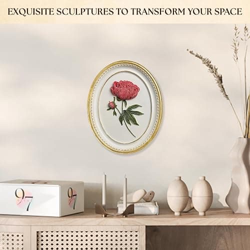 97 Decor Oval Vintage Wall Sculptures For Living Room - Handcrafted 3d Peony Floral Wall Art For Home Bedroom Decorations, Modern Sculpture Flower Art For Tabletop And Walls Hanging thumbnail 3