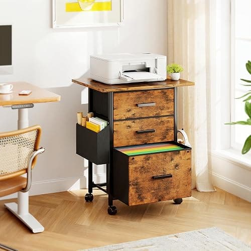 Mexin 3 Drawer File Cabinet with 24'' Extended Desktop, Mobile Filing Cabinet, Printer Stand, Rolling Printer Stand with Side Bag, Fabric Drawer, Fits A4 Size, Home Office,Rustic Brown thumbnail 2