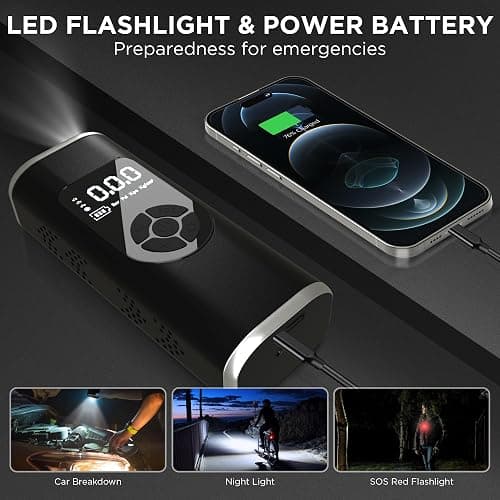 StartPro Tire Inflator Portable Air Compressor, 150PSI Cordless Air Pump, Dual Power Suply, LED Display, Flashlight, Auto Shut-Off, Fast Inflation for Car, Motorcycle, Bike, and Sports Equipment thumbnail 6