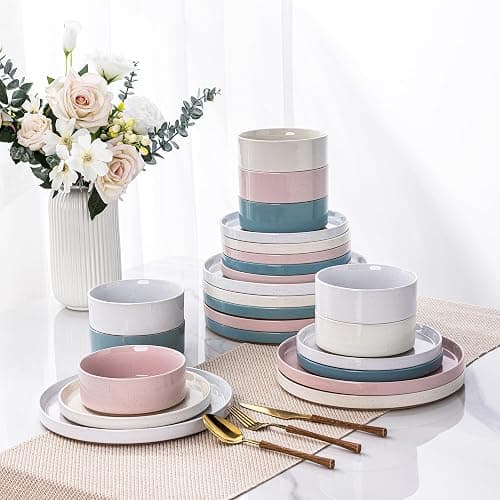 AmorArc Ceramic Dinnerware Set for 4 | Handpainted Stoneware Plates and Bowls with Rustic unglazed terracotta | Scratch Resistant, Dishwasher & Microwave Safe Dishes Sets- 12-Pcs Colorful thumbnail 5