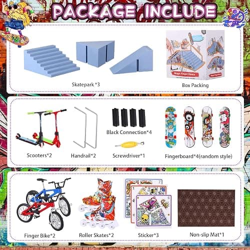 Civaner Fingerboard Skatepark Set 24 Pcs Mini Finger Toy with Finger Skateboards Ramp, Finger Bikes, Finger Scooter, Finger Skates for Skate Lovers Gift thumbnail 2