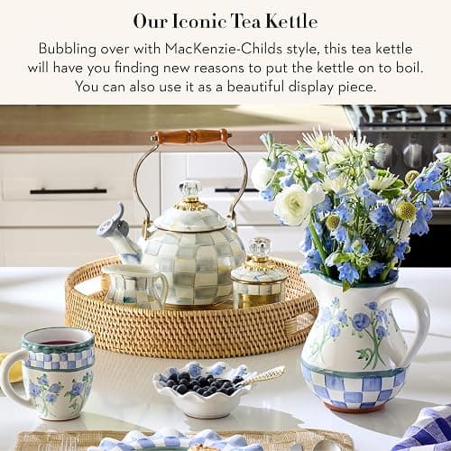 MACKENZIE-CHILDS Enamel Whistling Tea Kettle, Decorative Teapot for Stovetop, Gray-and-White Sterling Check thumbnail 3