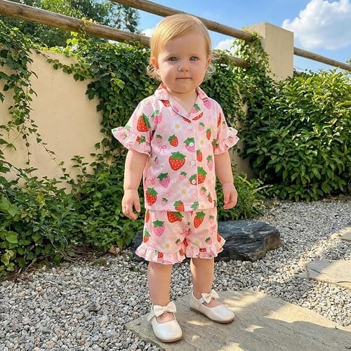 Kavousa Toddler Baby Girls Birthday Pajamas Donut Cake Bow Print Ruffle Shirt Shorts Little Girls Summer Sleepwear Outfits thumbnail 3
