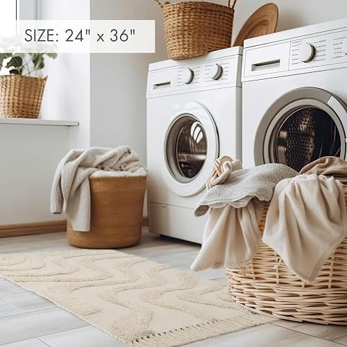 Beautiful Boho Rug with Tassels for Your Bathroom - Soft 2 x 3 ft. Cotton Rug Fits Perfectly Into Your Bath - Washable, Cream Colored Non-Slip Mat Ideal to Enhance Any Modern Home Decor, 24 x 36 inch thumbnail 5