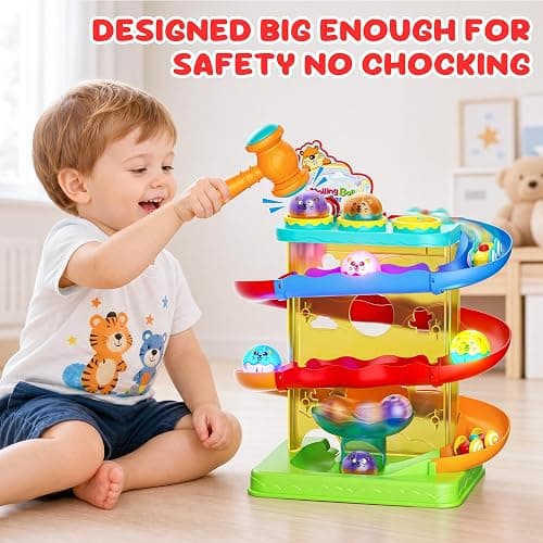2-in-1 Ball Drop & Car Ramp Race Track Montessori Toy for Toddlers Ages 1-5 | Hammer Rolling Ball, Launch and Race Car-Cause and Effect Sensory STEM Learning Toys for 1-5 Year Old Boys & Girls thumbnail 4