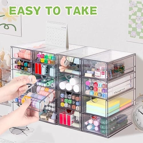VZKAH Clear Acrylic Desk Organizer with 20 Drawers, 4 Modular Units | 4-piece clear drawer set for office supplies, crafts, makeup, and small daily items on desks, vanities, counters thumbnail 4