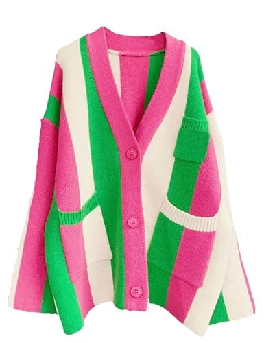 Unilexi Womens Loose Long Sleeve Rainbow Striped Cardigans Sweater Boho Color Block Chunky Knitted Tops - Image 1