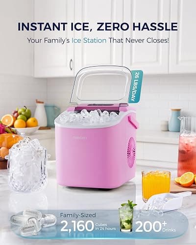 EUHOMY Countertop Ice Maker Machine with Handle, 26lbs Per Day, 9 Ice Cubes Ready in 6 Mins, Auto-Cleaning Portable Ice Maker with Basket and Scoop, for Home/Kitchen/Camping/RV (Pink) - ICE MACHINE - 11.57"D x 11.42"W x 8.74"H - Pink thumbnail 3