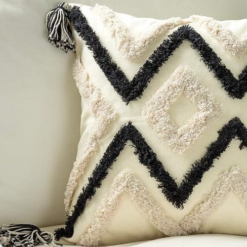 Woven Tufted Boho Throw Pillow Cover, Modern Decorative Geometric Chevron Striped Cushion with Tassels, Farmhouse Tribal Pillowcases for Couch Sofa Bedroom Living Room, 18 x 18 Inches, Black, Ivory thumbnail 2