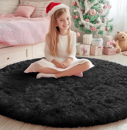 PAGISOFE Black Round Rugs 5Ft, Circle Rugs for Kids Bedroom, Shaggy Living Room Rugs, Indoor Teepee Furry Mat, Comfy Reading Rug, Fluffy Round Carpets for Womens Girls Boys Room Decor Aesthetic thumbnail 5