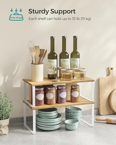 SONGMICS Cabinet Organizer Shelf, Set of 4 Kitchen Counter Shelves, Kitchen Storage, Spice Rack, Stackable, Expandable, Metal and Engineered Wood, Cloud White and Natural Beige UKCS210W01 thumbnail 5