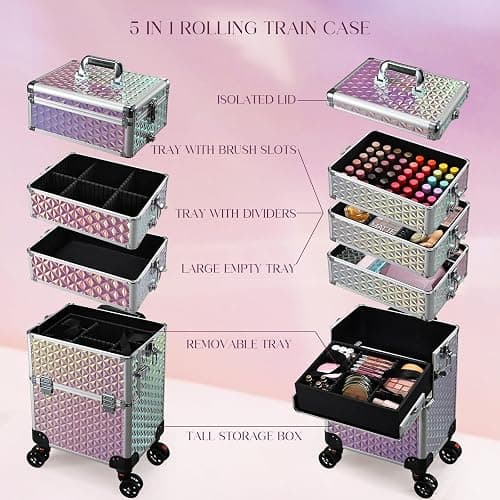 Yueieoun 5 in 1 Rolling Makeup Case, Cosmetology Case on Wheels Travel Make up Train Case Nail Cart Makeup Organizer Cosmetic Storage Box Cases Extra Large Trolley Truck with 360° Swivel Wheels, Pink thumbnail 2