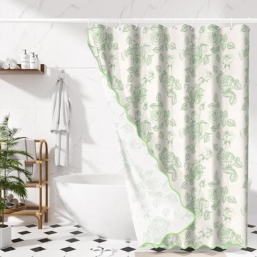 NAEMBCU Floral Scalloped Shower Curtain with 12 Hooks 71x74Inches - Green Flower Rose Pattern, Waterproof Fabric Bath Curtain for Modern, Farmhouse and Elegant Bathrooms Decor thumbnail 7