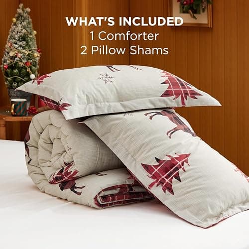Bedsure Christmas Comforter Set Queen - Christmas Bed Set with Reindeer, Soft Bedding for Holiday, 3 Pieces, 1 Reversible Buffalo Check Printed Comforter and 2 Pillow Shams thumbnail 8