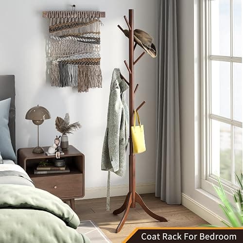 Furshus Coat Rack Freestanding, Coat Stands Entryway, Bamboo Coat Rack Hat Hanger 8 Hook for Jacket, Purse, Scarf Rack, Umbrella Tree Stand (Brown) thumbnail 2