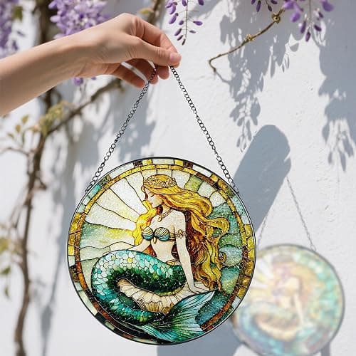 Stained Glass Window Hanging, 8 Inch Mermaid Suncatcher Stained Glass Ornament, Suncatchers for Windows Hanging, Sun Catchers Indoor Window, Mermaid Gifts, Gifts for Friends, Housewarming Gift thumbnail 3