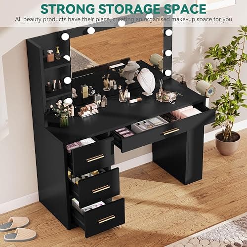 YITAHOME Vanity Desk with Mirror & Lights, Makeup Vanity Table Set with Power Outlet, 4 Drawers, 6 Open Shelves Above and 3 Adjustable Shelves Below, 3 Lighting Modes Dressing Table Black thumbnail 3