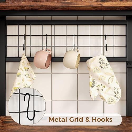 IRONCK Large Bakers Rack with Power Outlet, 6-Tier Corner Microwave Stand, Industrial Coffee Bar with Wine Rack, Hooks & Wire Baskets for Kitchen Spices/Pots, Rustic Brown thumbnail 7
