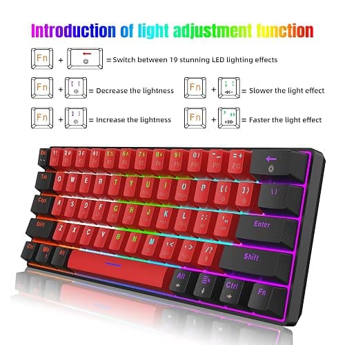 Snpurdiri 60% Wired Mechanical Keyboard, Mini Gaming Keyboard with 61 Keys for PC, Windows XP, Win 7, Win 10 (Black-Red, Red Switches) thumbnail 3