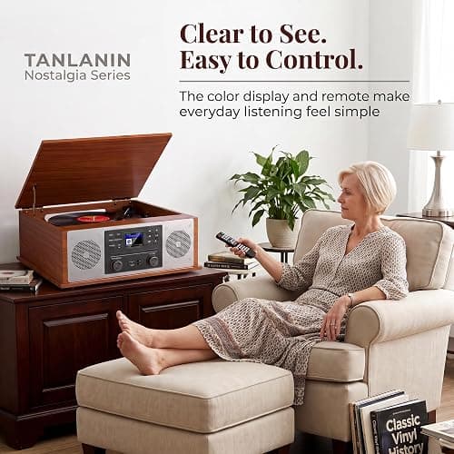 10 in 1 Bluetooth Record Player All-in-One Multimedia Center | Stereo Speakers, CD Player, Internet Radio, 3-Speed Turntable, Clock, Alarm, USB Recording, RCA Out, LCD Display, Red Wood thumbnail 11