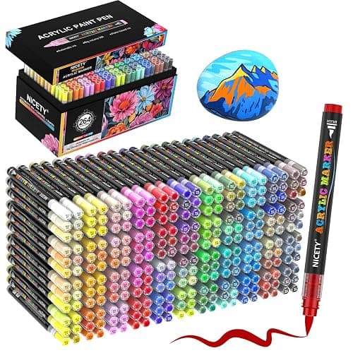 NICETY Set de 264 Feutres Acryliques à Pointe Pinceau - Marqueurs Peinture à l'Eau Multi-Supports pour Pierre, Bois, Céramique, Verre - Pointe Flexible 1-6mm pour Artistes, Débutants et Adultes - Image 1