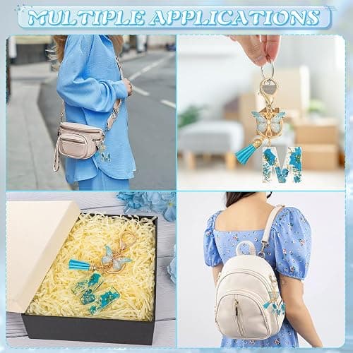 MWOOT Initial Letter Keychain Resin Alphabet Keyrings,Blue Petals Gold Foil Key Ring Charm,Cute Car Key Chain thumbnail 3