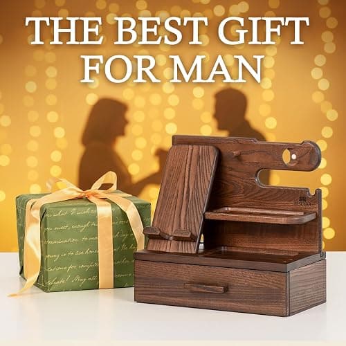 TESLYAR Wood Phone Docking Station with Drawer - Nightstand Organizer - Desk Organizer for Husband - Birthday Gifts for Men, Dad, Anniversary Idea, Key Holder Stand Watch & Accessories (Bourbon Brown) thumbnail 6