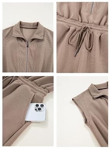 Btaiuo Rompers for Women Summer Short Sleeve Half Zip Lapel Collar Jumpsuit Casual Drawstring One Piece Outfits with Pockets thumbnail 7