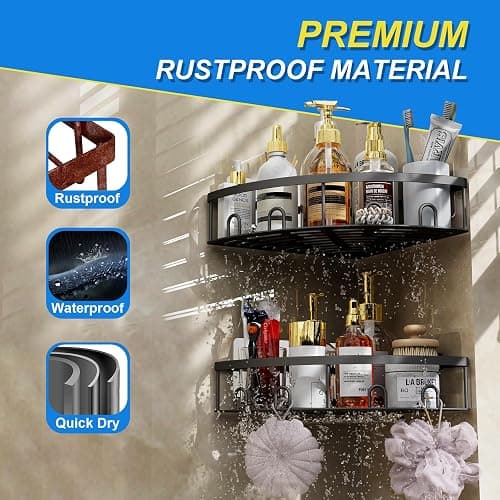 Kerisgo Corner Shower Caddy, 2 Pack Adhesive Bathroom Shower Corner Organizer Shelf, No Drilling Rustproof Wall Mounted Shower Storage Rack Shampoo Holder Organizer (Black) thumbnail 4