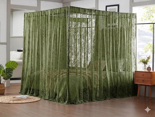 Warm Home Designs Lace Canopy Bed Curtains Set Consists of 8 48" x 78" Sage Green Canopy Curtains with Tie-Backs. Queen Canopy Bed Curtains or King Bed Canopy Curtains for Cute Bedroom Decor. LC Sage thumbnail 2