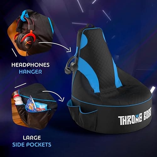 Throne Boss Gaming Bean Bag Chair for Kids with High Back – Floor Gaming Chair, Easy to Clean Oxford 420D Fabric, Large Side Pockets, Headphone Hanger – Cover ONLY Add 200 Liters Beans (Blue) thumbnail 5