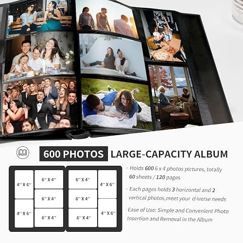 Rdylymx Photo Album 6 x 4 600 Pockets Photos, Black Leather Cover, Extra Large Capacity Family Wedding Baby Anniversary Valentines Picture Albums Holds 600 Portrait and Landscape Photos thumbnail 3