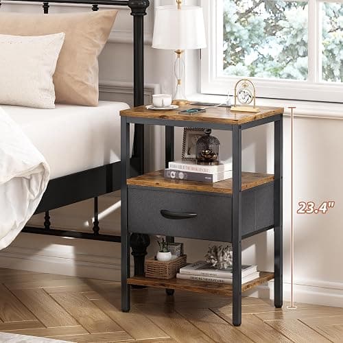 SUPERJARE Nightstand with Charging Station, Bed Side Table with Adjustable Fabric Drawer, Night Stand for Bedroom, 3-Tier Storage End Table, for Living Room, Rustic Brown and Black thumbnail 4