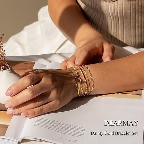 DEARMAY Gold Bracelets for Women Waterproof, 14K Gold Plated Jewelry Sets Trendy Thin Dainty Stackable Cuban Link Paperclip Chain Bracelet Pack Fashion Accessories Gifts for Womens thumbnail 5