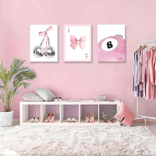 Framed Pink Canvas Wall Decor Set of 3, Pink Bow Wall Art Oil Painting, Girls Preppy Room Decor Picture, Trendy Disco Ball Print Poster for Teen Girl Apartment Bedroom Living Room Aesthetic 12x16 Inch thumbnail 8