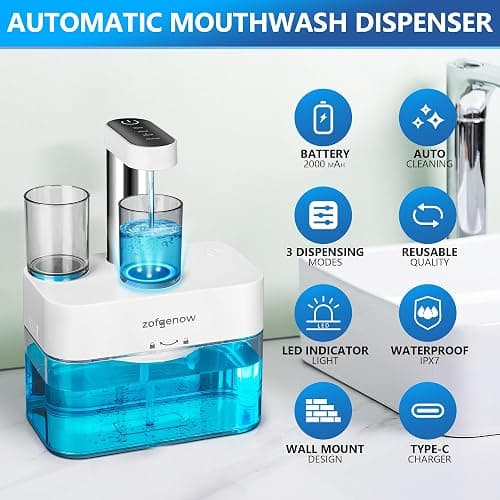 ZOFGENOW Upgraded Automatic Mouthwash Dispenser for Bathroom,Bathroom Accessories 17.6 FlOz Dispensers with Magnetic Cups,Adjustable Dispensing Levels, Suitable for All Age Groups,White thumbnail 4
