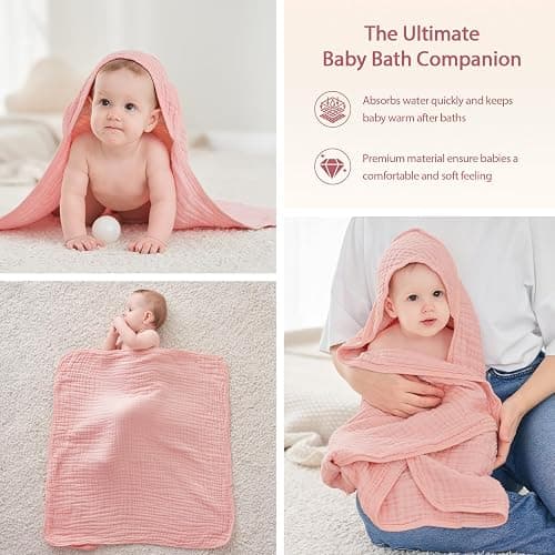 Unnivoll Hooded Baby Towels for Newborn - 2 Pack, 100% Muslin Cotton, Baby Bath Towels with Hood, Soft and Absorbent for Girls Infant, Toddler and Kids, Large 32x32 Inches, Newborn Essential thumbnail 4