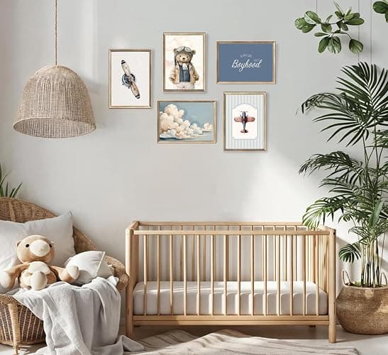 Vintage Baby Boy Nursery Wall Art Retro Airplane Travel Kids Room Canvas Wall Decor Teddy Bear Pictures Navy Blue Aviation Posters Cloudy Sky Painting Print Artwork for Boy Room Playroom, Unframed thumbnail 3