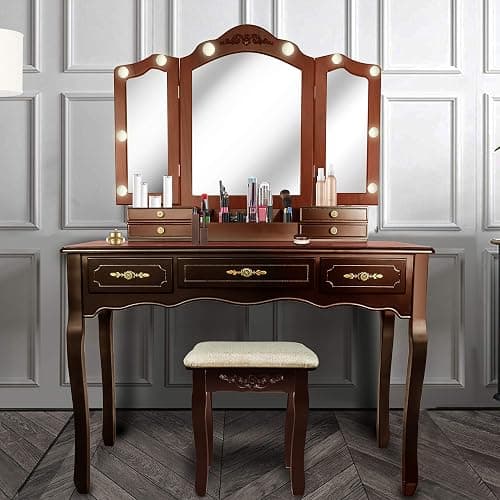 ENSTVER Vintage Vanity Desk with Mirror and Lights, Tri-Folding Mirrors, 6 Organization 7 Drawers Makeup Dress Vanity Table with Cushioned Stool-Espresso - Image 1