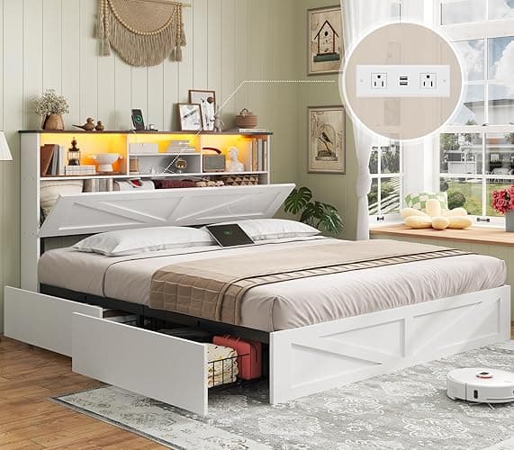 AOGLLATI Farmhouse Queen Bed Frame with 4 Storage Drawers and Led Lights, Wooden Bed Frame Queen Size with Hidden Space Bookcase Headboard and Led Lights & Metal Slats, White - Image 1