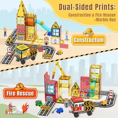 SKTMYY Magnetic Tiles Construction Toys with Road & Crane & Marble Run, Double-Sided Fire Station & Building Magnet Tiles for Kids Ages 4-8, STEM Magnetic Blocks Gifts for 3 4 5 6 7 8 Year Old Boys thumbnail 2
